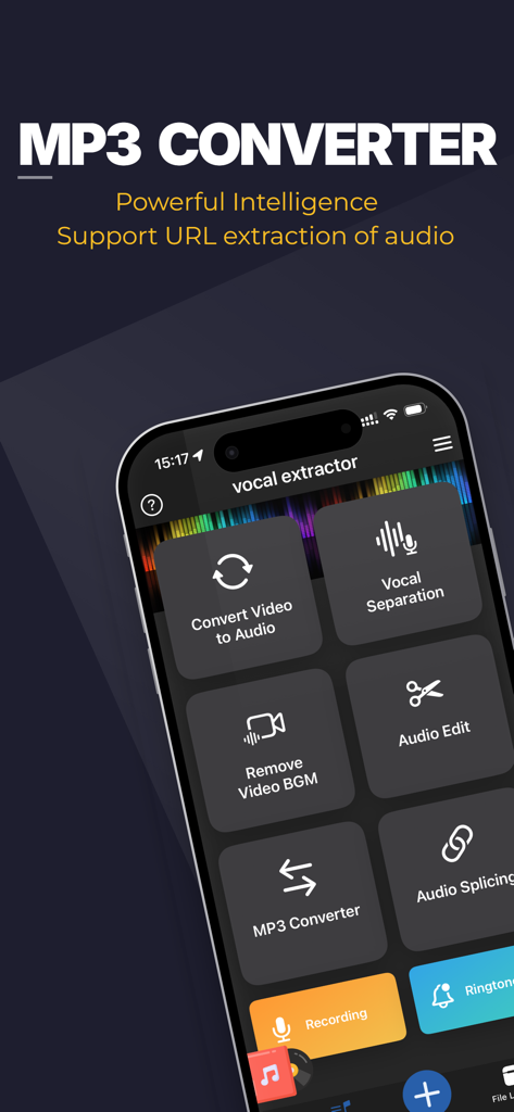 Affichage sur smartphone de l'application Convertisseur MP3 montrant des fonctionnalités telles que la séparation vocale et l'extraction audio