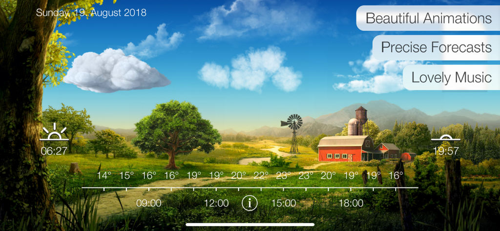 Beautiful Weather & Alerts - Beautiful Weather app showing a rural landscape with hourly temperature forecasts and a sunrise timer