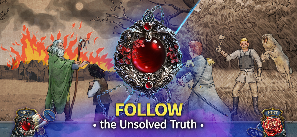 Living Legends: The Red Trace - Living Legends game illustration featuring a red medallion and mystery scenes with the text Follow the Unsolved Truth