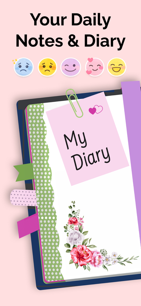 My Diary - Journal & Notes - ムードトラッカーと花の装飾が施されたデジタルジャーナルインターフェース