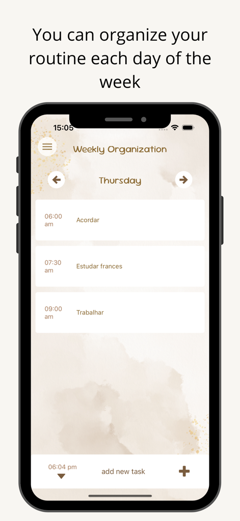 MyMind Diary - Pantalla de organización semanal de la aplicación MyMind Diary que muestra un horario diario con un tema estético de acuarela.