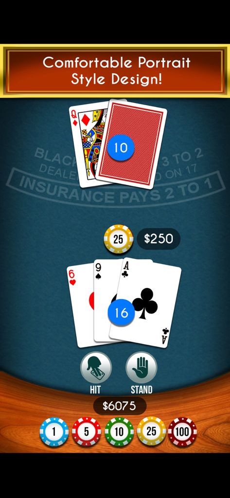 Mobile blackjack game interface in portrait mode showing a player hand of 16 vs dealer 10 with hit and stand options