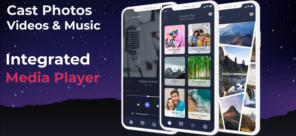Interface do aplicativo Smart View mostrando opções para transmitir fotos, vídeos e músicas do iPhone para uma Smart TV.