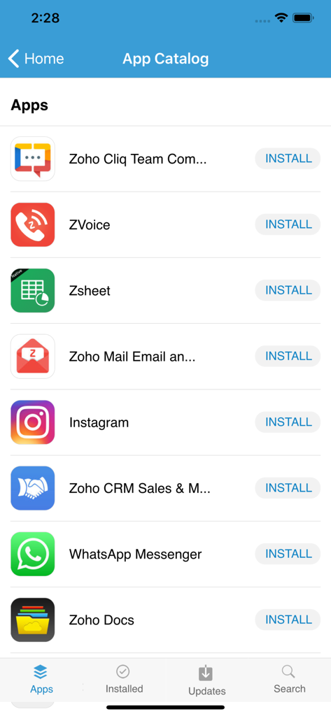 ManageEngine MDM app catalog interface displaying a list of approved corporate applications available for installation