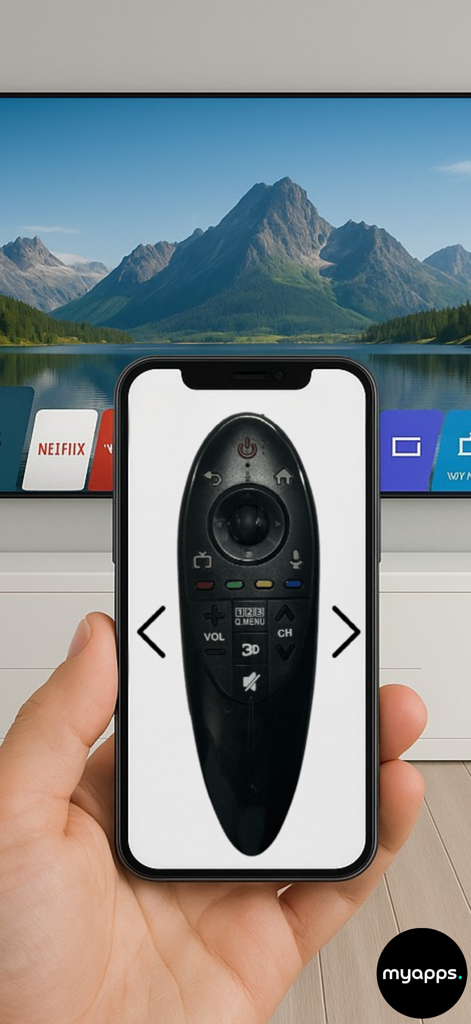 Remote For LG Smart TVs - Una mano sosteniendo un smartphone mostrando una interfaz de control remoto Magic LG frente a la pantalla de un televisor inteligente