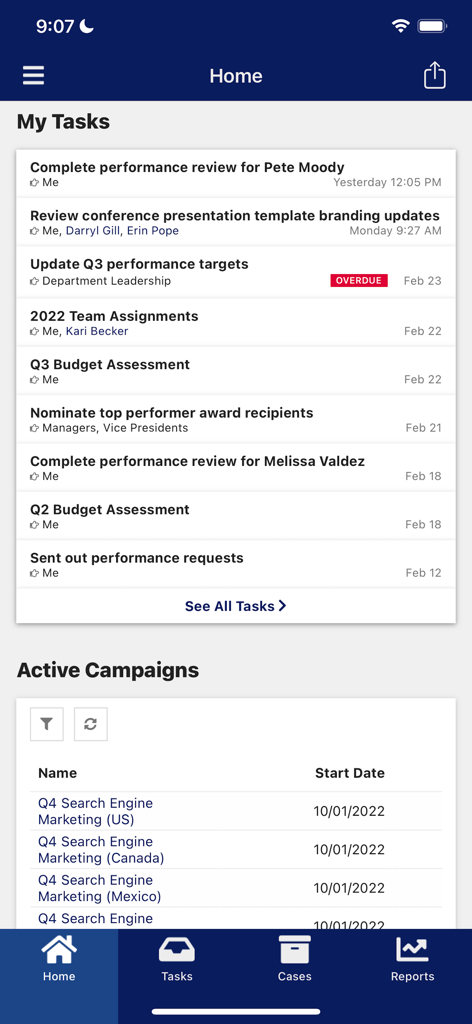 Appian - Appian mobile app home screen showing a list of pending corporate tasks and active marketing campaigns.