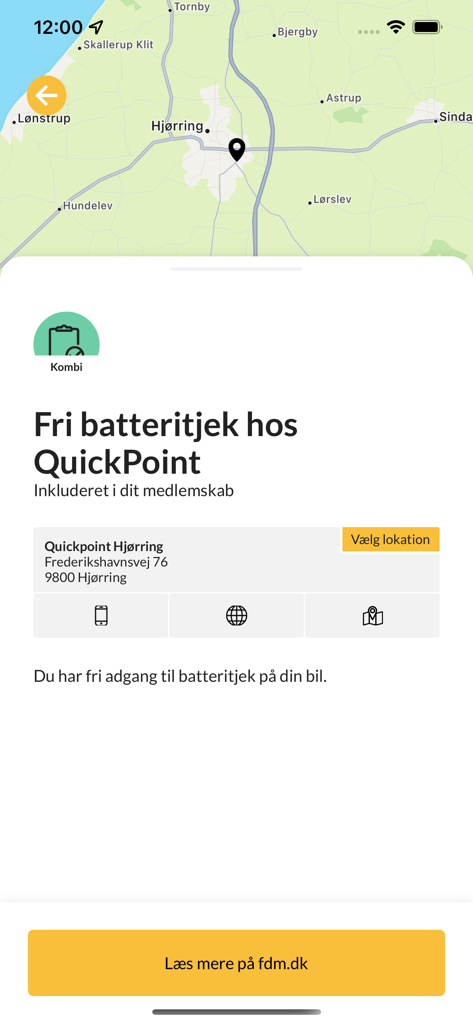 Mit FDM app screen showing a free battery check offer at QuickPoint included with membership
