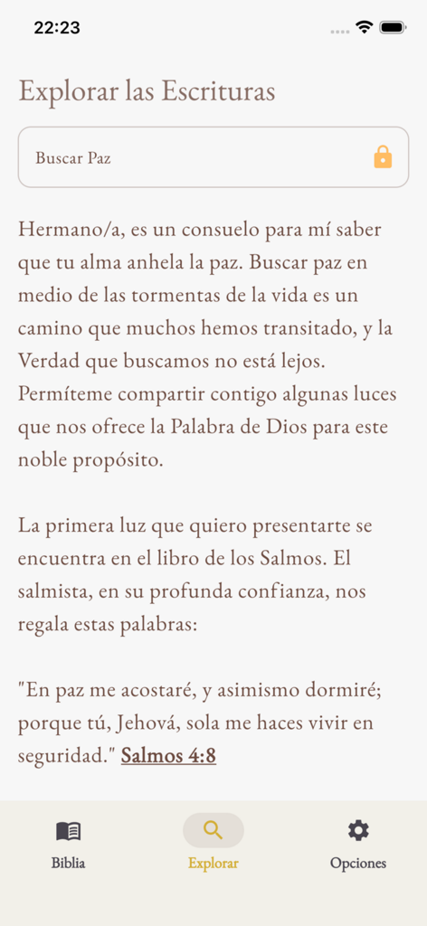 Interface do aplicativo Bibl-IA mostrando a seção Explorar Escrituras com uma mensagem gerada por IA sobre como encontrar paz e o versículo bíblico Salmos 4:8.