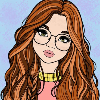 girl with long hair and freckles and glasses realistic
