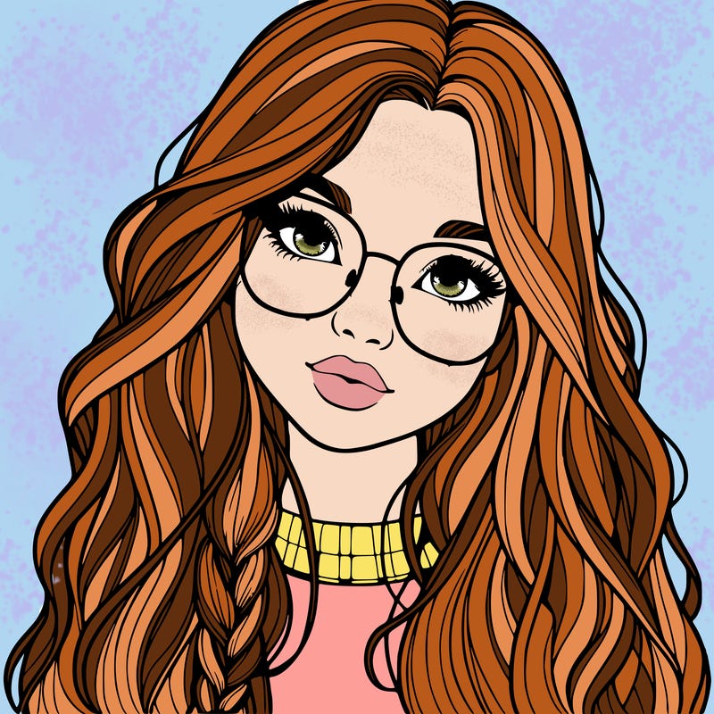 girl with long hair and freckles and glasses realistic