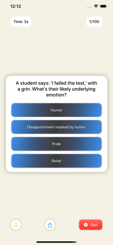 Captura de pantalla de una pregunta de práctica de comprensión interpersonal en la aplicación HPAT Exam Prep Ireland
