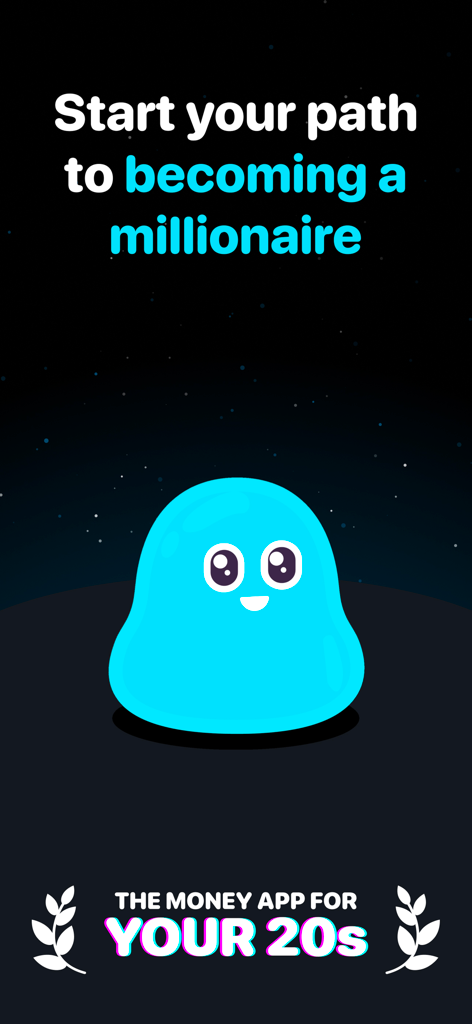 Milo finance app welcome screen for Gen Z featuring a cute blue character and millionaire path slogan.