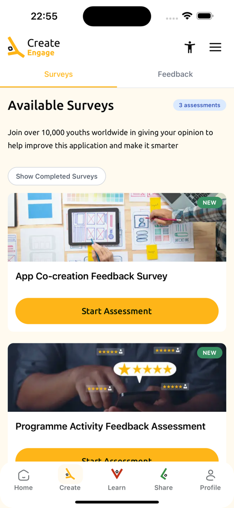 AU-EU Youth Voices Lab - The available surveys screen in the AU-EU Youth Voices Lab app showing feedback assessments for app co-creation and programme activities.