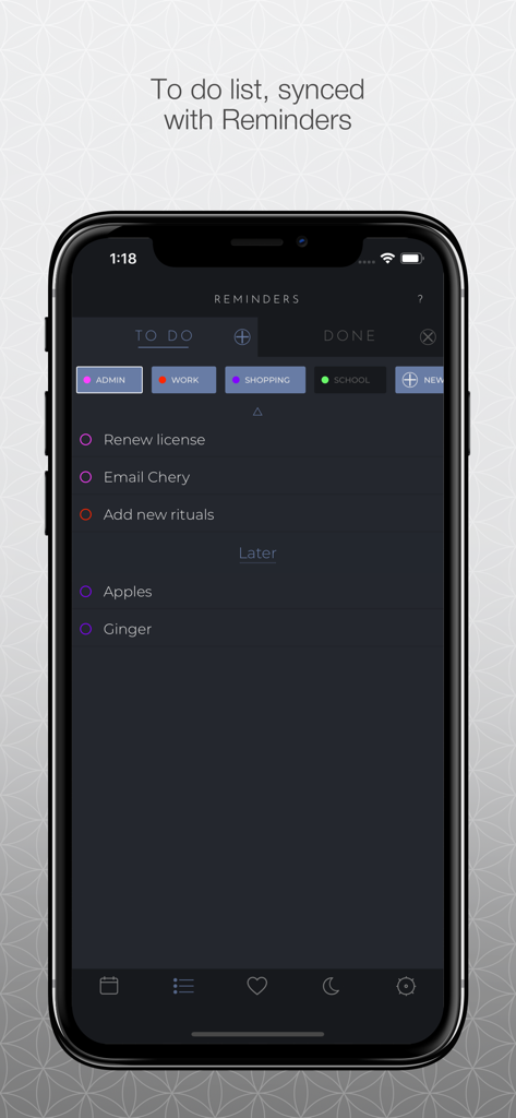 The Moon Calendar - La interfaz de la aplicación El Calendario Lunar que muestra una lista de tareas sincronizada con los Recordatorios de Apple
