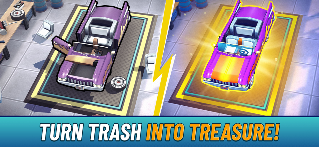 Bid Wars: Auction Master 3D - A side by side comparison of a damaged car and its restored version with the text Turn Trash Into Treasure