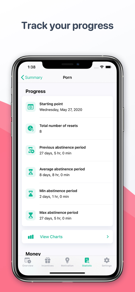 A mobile screen showing abstinence statistics and progress tracking in the Quitzilla app