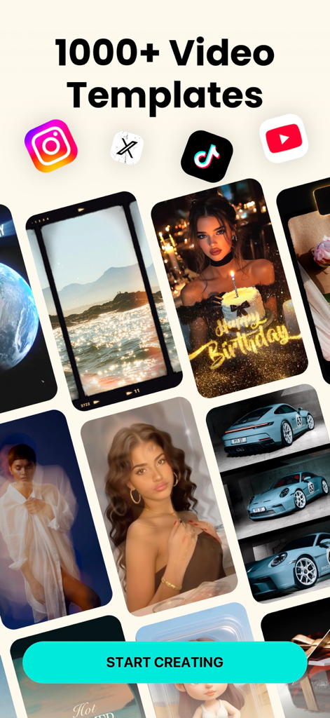 Una visualizzazione di oltre 1000 template video nell'app inMelo per creator di TikTok e Instagram.