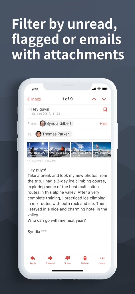 Oberfläche einer E-Mail-App, die eine Nachricht mit Fotoanhängen und Filteroptionen für ungelesene oder markierte E-Mails anzeigt.