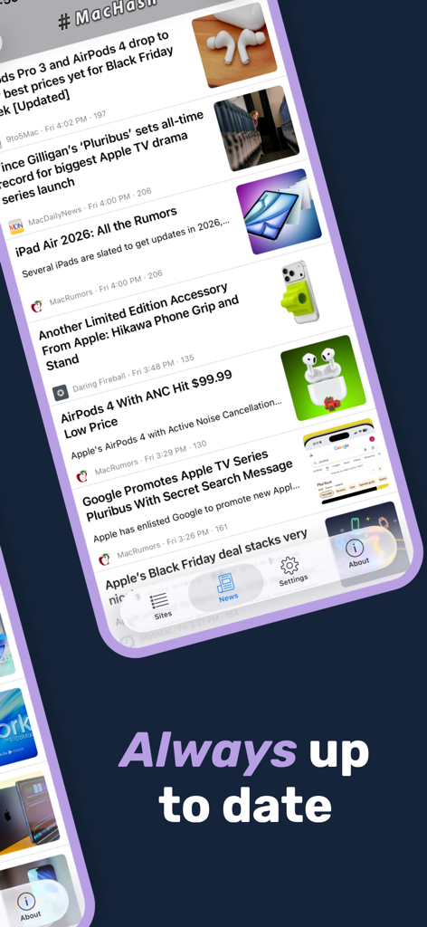 MacHash News - MacHash News app interface showing a curated feed of Apple product news and rumors