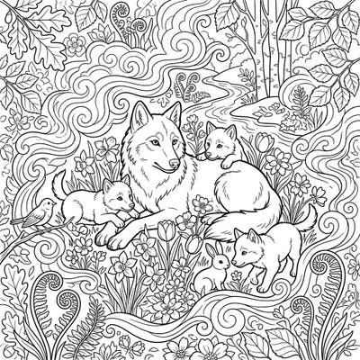 Discover the beauty of nature with this enchanting wolf family coloring page, set amidst blooming spring flowers and lush forest scenery. Perfect for unwinding, it combines intricate details with the heartwarming theme of renewal.