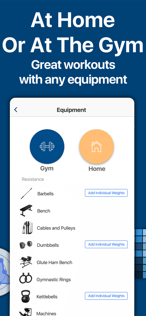 Tela do aplicativo BodBot para selecionar equipamentos de treino e local de treinamento.