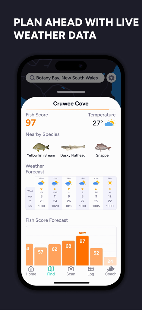 Fish AI mobile app interface showing a detailed fishing forecast including weather data nearby fish species and hourly fish scores for Cruwee Cove