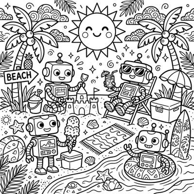 Join these charming toy robots as they make the most of their summer vacation on a lively beach. This delightful coloring page captures all the joy of sun, sand, and playful antics, ready for your creative touch.