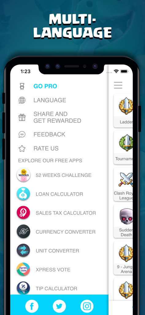 Decks Royale for Clash Royale - Ein Screenshot der Decks Royale App, der ein Mehrsprachigkeits-Einstellungsmenü und eine Liste anderer verfügbarer Utility-Anwendungen anzeigt.