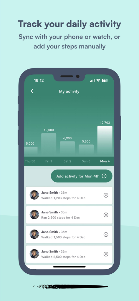Big Team Challenge - Big Team Challenge activity dashboard showing daily step counts and activity logs