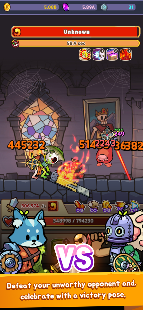 Hybrid Warrior - Uma tela de combate PvP em Hybrid Warrior apresentando heróis monstros bizarros e altos números de dano.