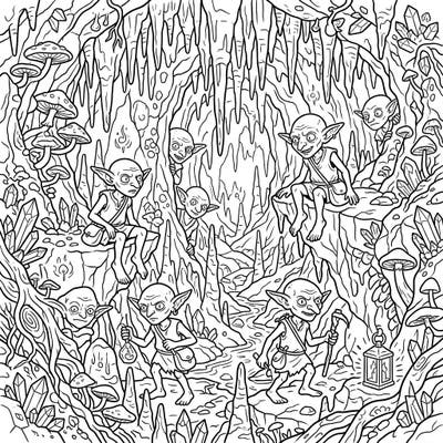 Enter a hidden world of mischievous cave goblins in their intricate subterranean home. This detailed coloring page invites you to bring a fantasy adventure to life with your own colors.