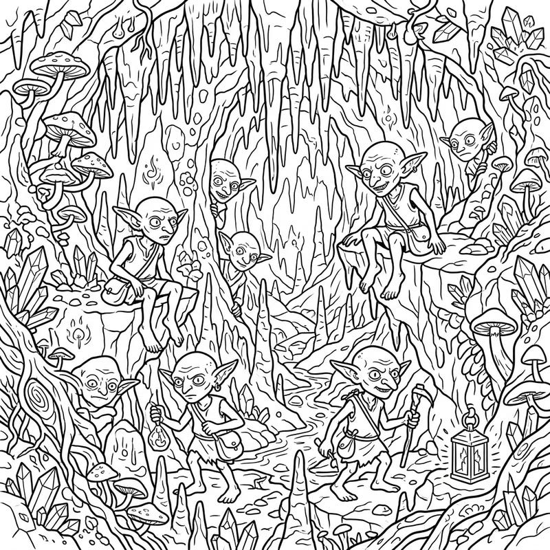 Enter a hidden world of mischievous cave goblins in their intricate subterranean home. This detailed coloring page invites you to bring a fantasy adventure to life with your own colors.