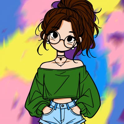 girl with a messy ponytail glasses a baggy crop top and jean shorts