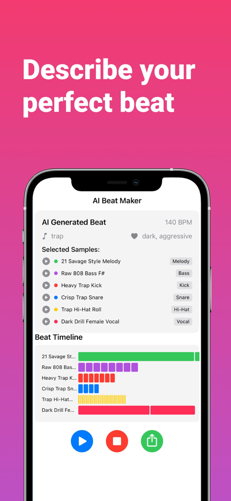 Die Benutzeroberfläche der BeatCrafter App, die eine KI-generierte Trap-Beat-Timeline mit verschiedenen Song-Layern und Samples zeigt.