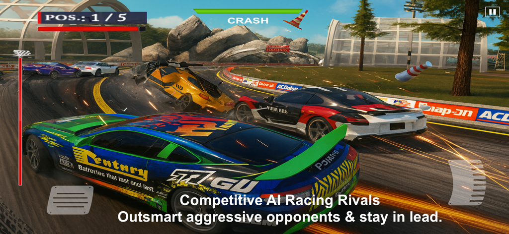 Racing Outlaws - Drag Car Race - A high-speed car race showing a blue sports car in the lead while another vehicle crashes in the background