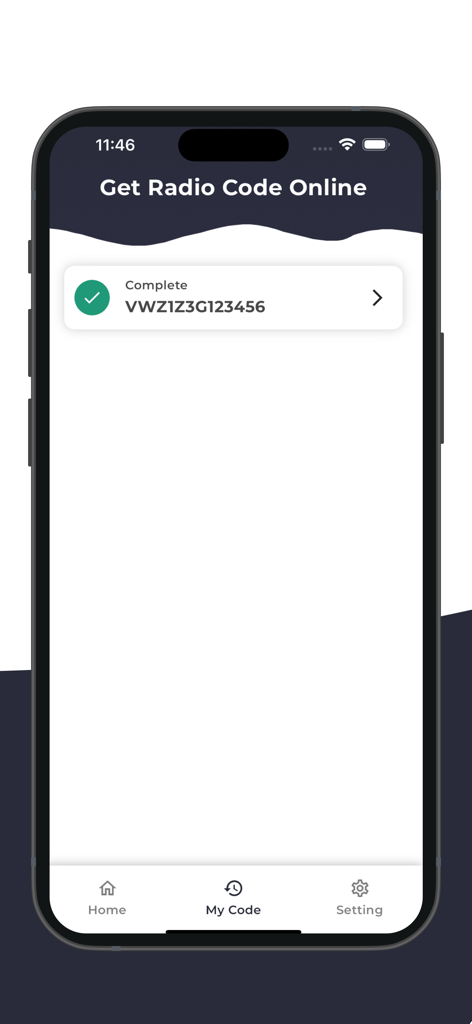 Car Radio Code Generator - Mobile app screen showing a successfully retrieved car radio code in the history section