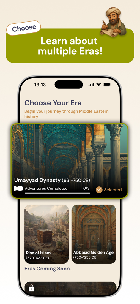 Archives - Islamic History - Interfaz de la aplicación Archivos que muestra opciones para elegir eras históricas como la Dinastía Omeya y el Auge del Islam.