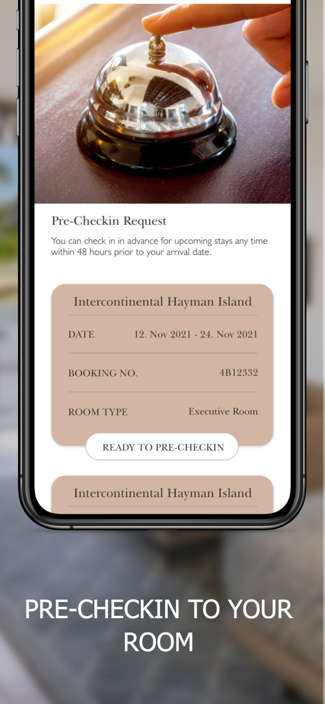 Hayman Island - 인터컨티넨탈 헤이만 섬 리조트 사전 체크인 기능을 보여주는 모바일 앱 화면