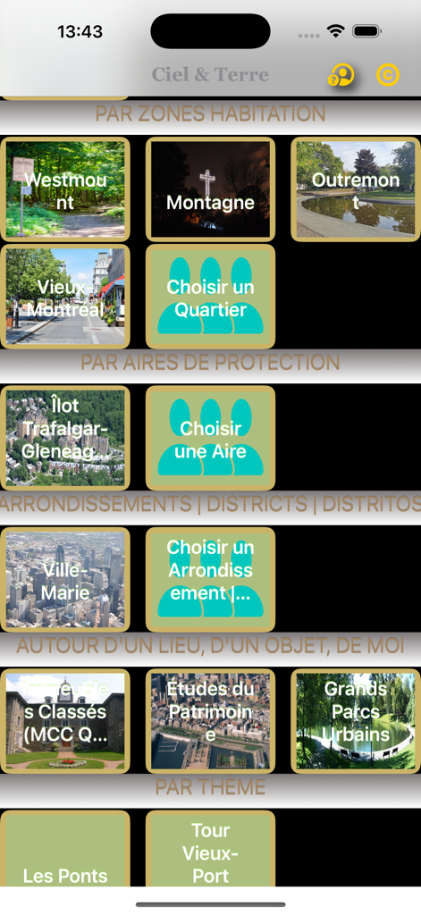 QuebecAir - Menu of the QuebecAir app displaying categories for aerial photography of Montreal and Quebec regions