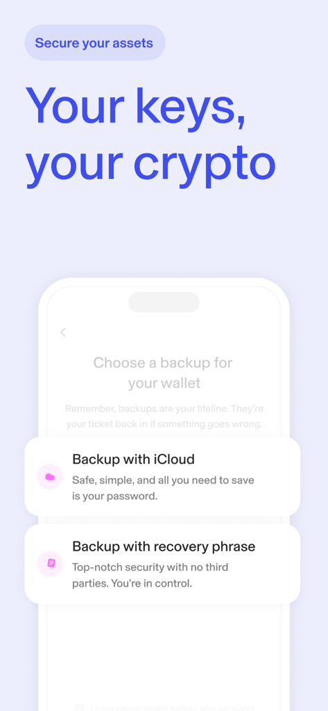 Uniswap Mobile App-Bildschirm mit Optionen zur Sicherung einer Krypto-Wallet mit iCloud oder einer manuellen Wiederherstellungsphrase unter der Überschrift Ihre Schlüssel Ihre Krypto.