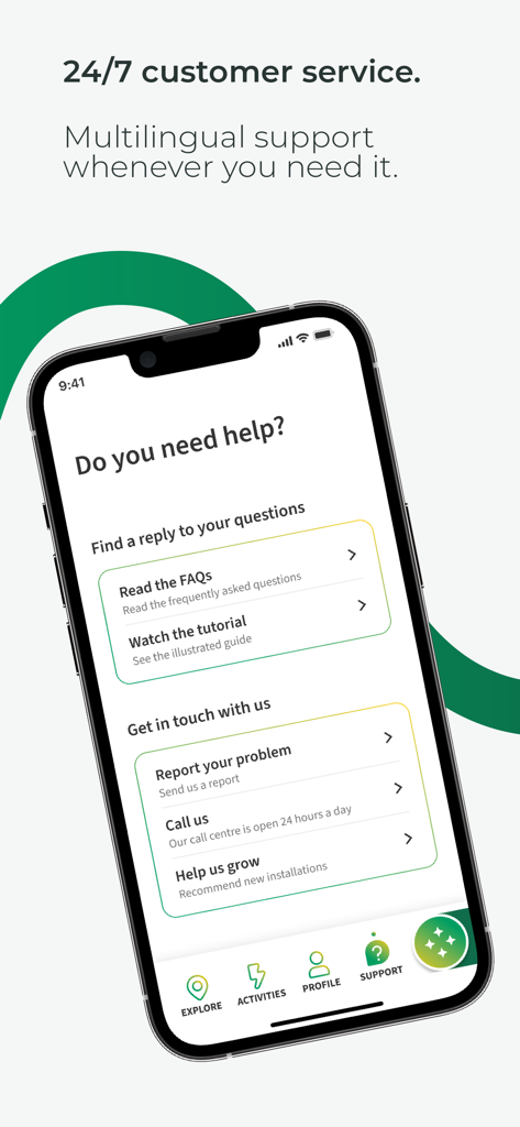 Pantalla de soporte de la aplicación móvil Plenitude On The Road mostrando opciones de servicio al cliente multilingüe 24/7.