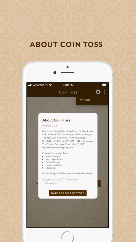 Una pantalla de iPhone mostrando la página Acerca de de la aplicación Cara o Cruz con información de la versión y una lista de monedas compatibles.
