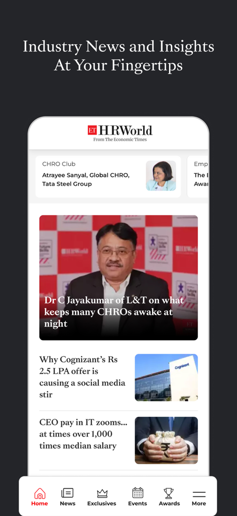 인사 산업 뉴스 및 전문적인 통찰력을 갖춘 ETHRWorld 앱을 보여주는 스마트폰 화면.