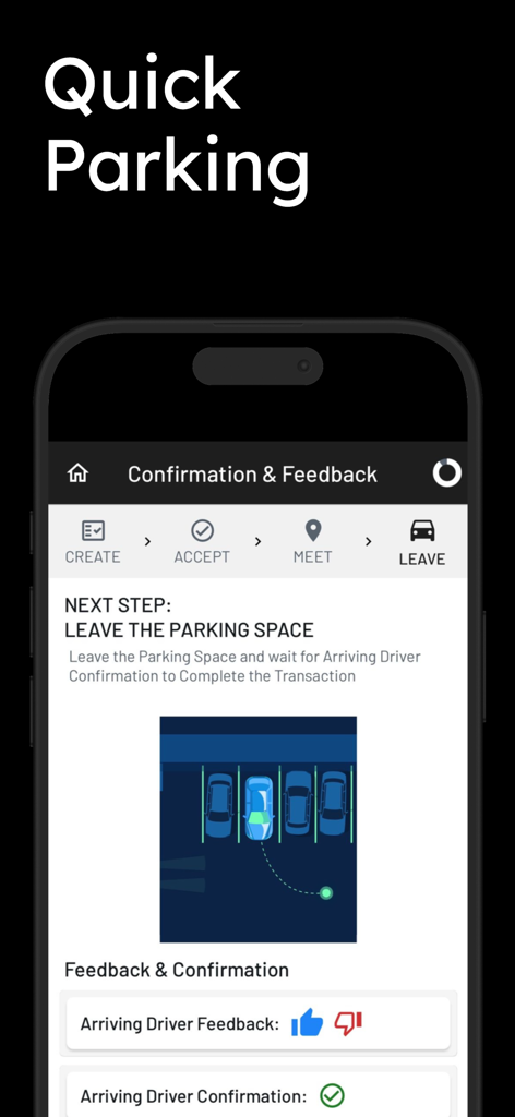 ParkNYC: Street Parking - ParkNYC mobile app screen showing the final steps for a driver to leave a parking space