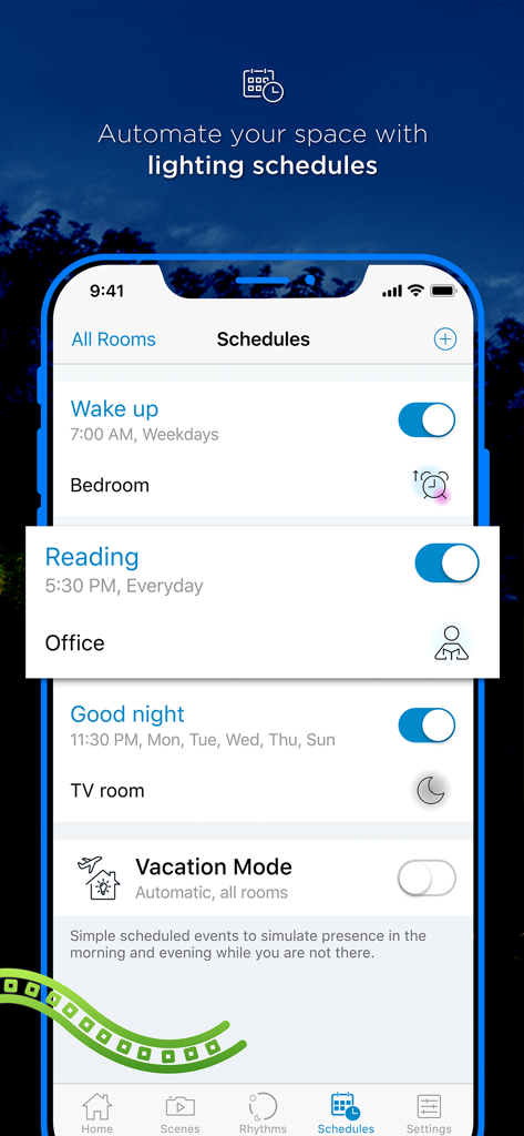 iPhone screenshot of the WiZ legacy app showing a list of automated lighting schedules for different rooms