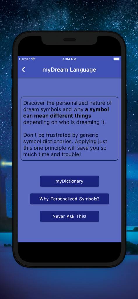 Dream Keys - Pantalla de la aplicación Dream Keys que muestra la sección Mi Lenguaje de Sueños con opciones para diccionarios de símbolos personalizados y consejos de interpretación.
