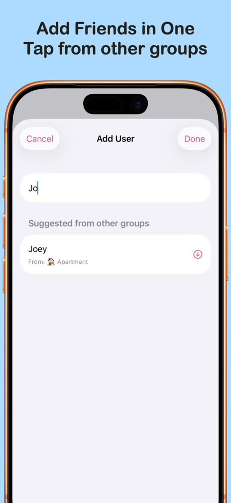 Settle Up - Expense Split - Interfaz para agregar amigos rápidamente de otros grupos en la aplicación Settle Up.