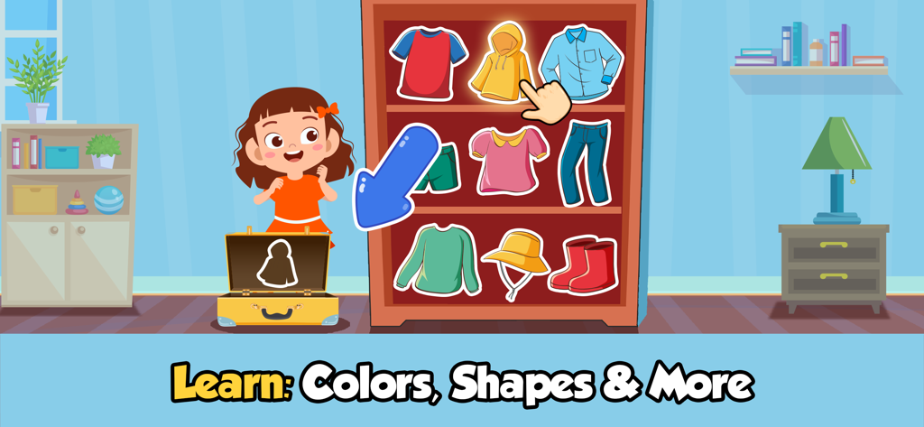 Educational toddler game interface showing a child character packing a suitcase with colorful clothes from a shelf