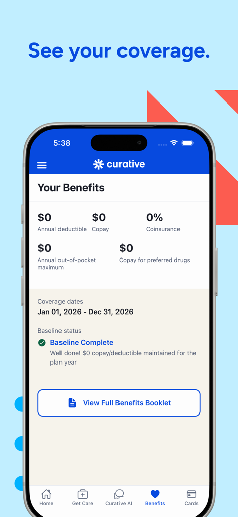 Curative - Panel de la aplicación móvil Curative que muestra un deducible y copagos de cero dólares.