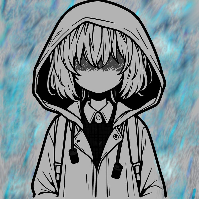 little anime girl in a raincoat her hair is covering her eyes she has a lighter